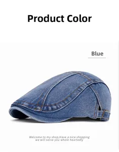 Detail of vintage denim flat cap featuring contrast stitching and adjustable metal side buckle