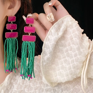 Bohemian retro long tassel earrings with rose red geometric blocks and green beads