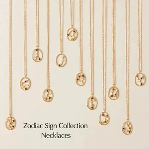 925 Sterling Silver Zodiac Necklace Colorful Rhinestone Constellation Oval Pendant Jewelry Gift For Women