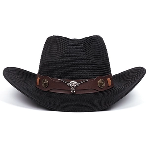 Detailed view of black woven cowboy hat with leather band and silver bull head ornament