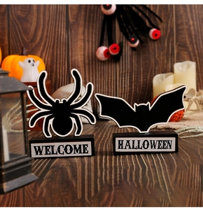 Décorations de table d'Halloween en bois avec motifs d'araignée et chauve-souris noires
