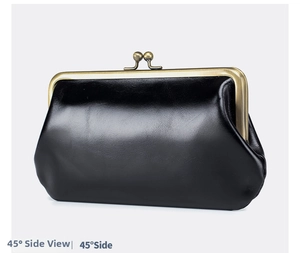 Detailed 45-degree side view of black vintage leather clutch with classic kiss-lock metal closure