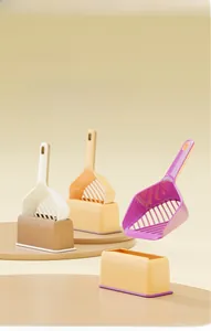 Three-color cat litter shovel set with vertical storage base and ergonomic handles