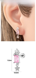 Detail of pink zircon star earrings with 1.8cm drop length and screw back closure