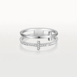 Minimalist double layer stainless steel cross ring with sparkling cubic zirconia stones