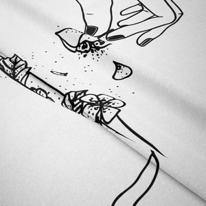 Close-up of minimalist black line art floral print on soft white fabric tapestry