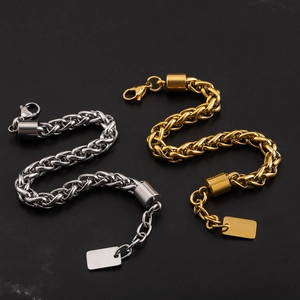 Bold gold and silver stainless steel braided chain bracelets with lobster clasp and tag