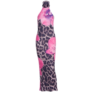 Slim fit leopard print halter maxi dress with pink floral patterns in summer style