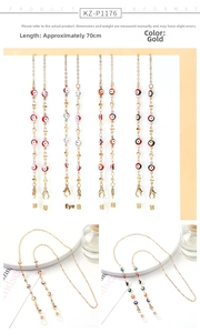 Detail view of 70cm gold glasses chains with colorful evil eye beads and lobster clasps