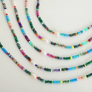 Rainbow turquoise and freshwater pearl handmade necklace with gold plated steel