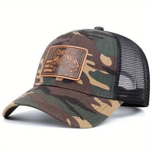 Retro camo trucker hat with leather leopard patch and breathable black mesh detail