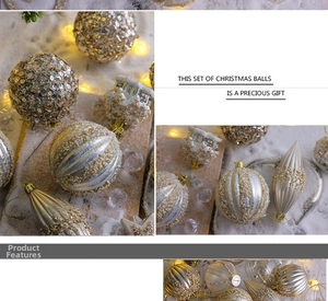 Close-up of champagne gold Christmas ornaments with sequins and relief texture