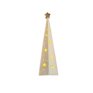 Ceramic triangle Christmas light with star cutouts and a gold glitter star topper