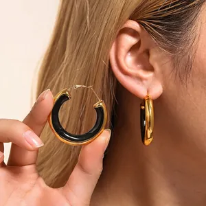 Large Hoop Earrings Stainless Steel With Enamel Oil Drip Geometric 18K Gold Plated Hypoallergenic Ear Jewelry For Women