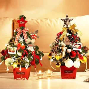 Mini Desktop Christmas Tree With LED Lights PVC Festive Ornaments For Home Office Holiday Tabletop Decoration Gift