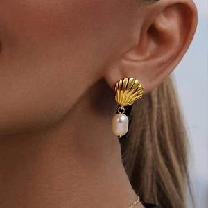 Shell Artificial Pearl Dangle Earrings Gold Plated 304 Stainless Steel French Ins Style Elegant Jewelry For Women