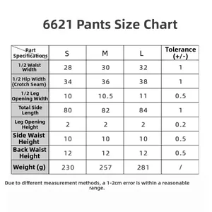 Detailed size chart for high waist yoga leggings showing S, M, and L dimensions