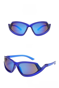Front and side views of blue wrap-around sports sunglasses with blue mercury lenses