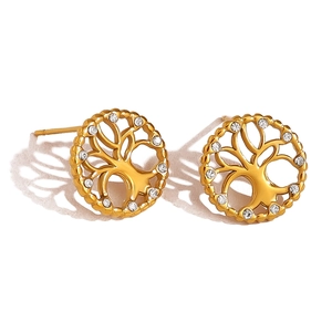 Close-up of golden Tree of Life stud earrings featuring sparkling cubic zirconia crystals