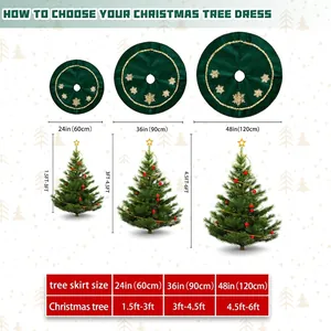 24 to 48 inch green velvet Christmas tree skirt size guide with gold sequin snowflakes
