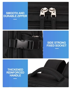 Vista macro detallada de mochila de viaje negra con cremalleras y asa reforzada