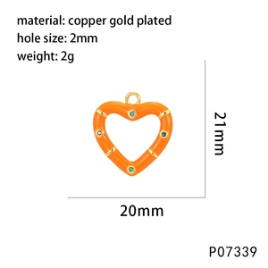 Detailed view of orange enamel heart pendant with colorful zircon inlays and 2mm hook