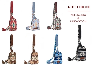 Detailed grid of bohemian canvas crossbody bags featuring 7 ethnic geometric patterns