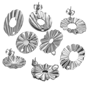 Polished silver stainless steel flower earring posts with wavy radial texture for DIY jewelry