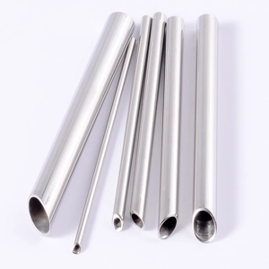 Detailed macro view of polished stainless steel piercing receiving tubes in various sizes