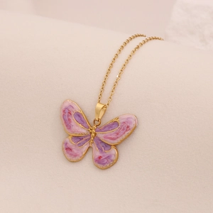 Vintage gold necklace with pink and purple marble enamel butterfly pendant for women