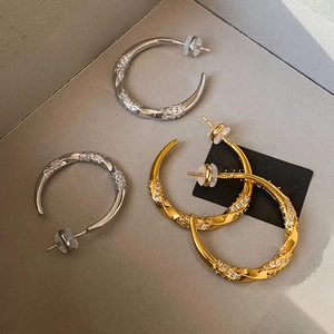 C Shaped Twisted Hoop Earrings With Zircon Paved Fashion Trendy Jewelry Accessories With Silver Earring Post For Women