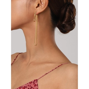 Elegant 18k gold plated stainless steel long tassel earrings shown on a model
