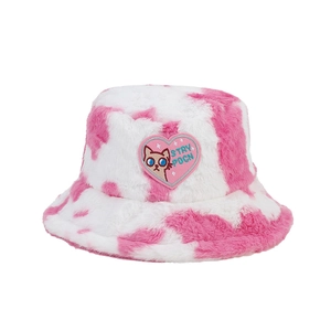 Pink heart cow print plush bucket hat with soft faux fur texture for women