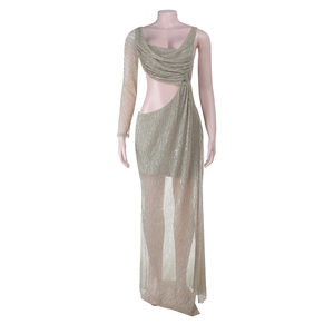 Detail of champagne gold one-shoulder sequin dress with waist cut-out and mesh skirt