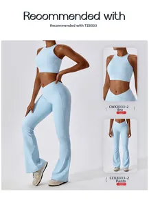 Détails de l'ensemble de yoga bleu clair avec pantalon taille en V et haut court