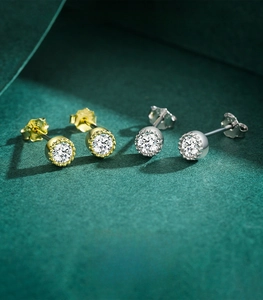 Detailed view of classic s925 silver round stud earrings in gold and silver finishes