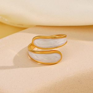 Vintage 18K gold plated stainless steel open ring with teardrop white enamel accents