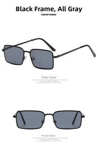 Front and side views of small square metal sunglasses with black frames and grey lenses