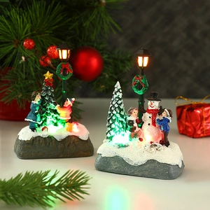 Christmas Miniature Landscape Ornament LED Light Up Resin Snowman Xmas Tree Desktop Decoration Festive Holiday Gift