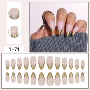 Minimalist gold French almond press-on nails set with 24 pieces in nude pink color