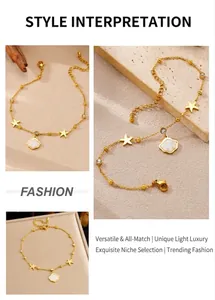 Macro detail of gold beach anklet featuring starfish, seashell charms and zircon stones