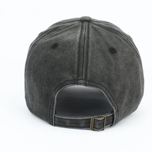 Rear view of washed charcoal cotton baseball cap featuring adjustable bronze metal buckle