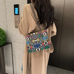 Fashionable snake print rectangular crossbody bag with gunmetal chain strap for women