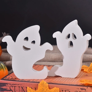 Set of two cute white wooden ghost figurines for Halloween tiered tray tabletop decor
