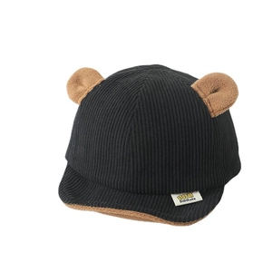 Autumn baby corduroy baseball cap with cute bear ears and soft plush lining in black color