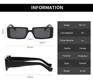Detailed dimensions of rectangular retro sunglasses model S21011 with black PC frame