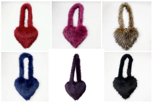 Detailed grid view showing six colors of faux fur heart-shaped fluffy shell bags