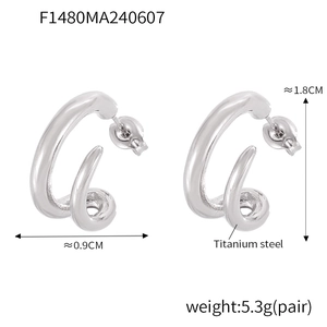Detail view of double-layer titanium steel earrings showing size measurements and silver finish
