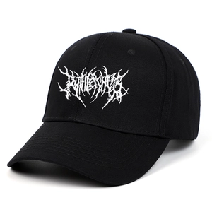 Gothic punk style black baseball cap with white embroidery and classic twill cotton design