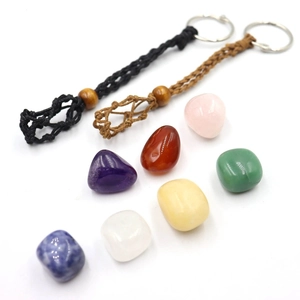 Detailed set of woven yoga stone keychains with seven colorful raw natural crystals